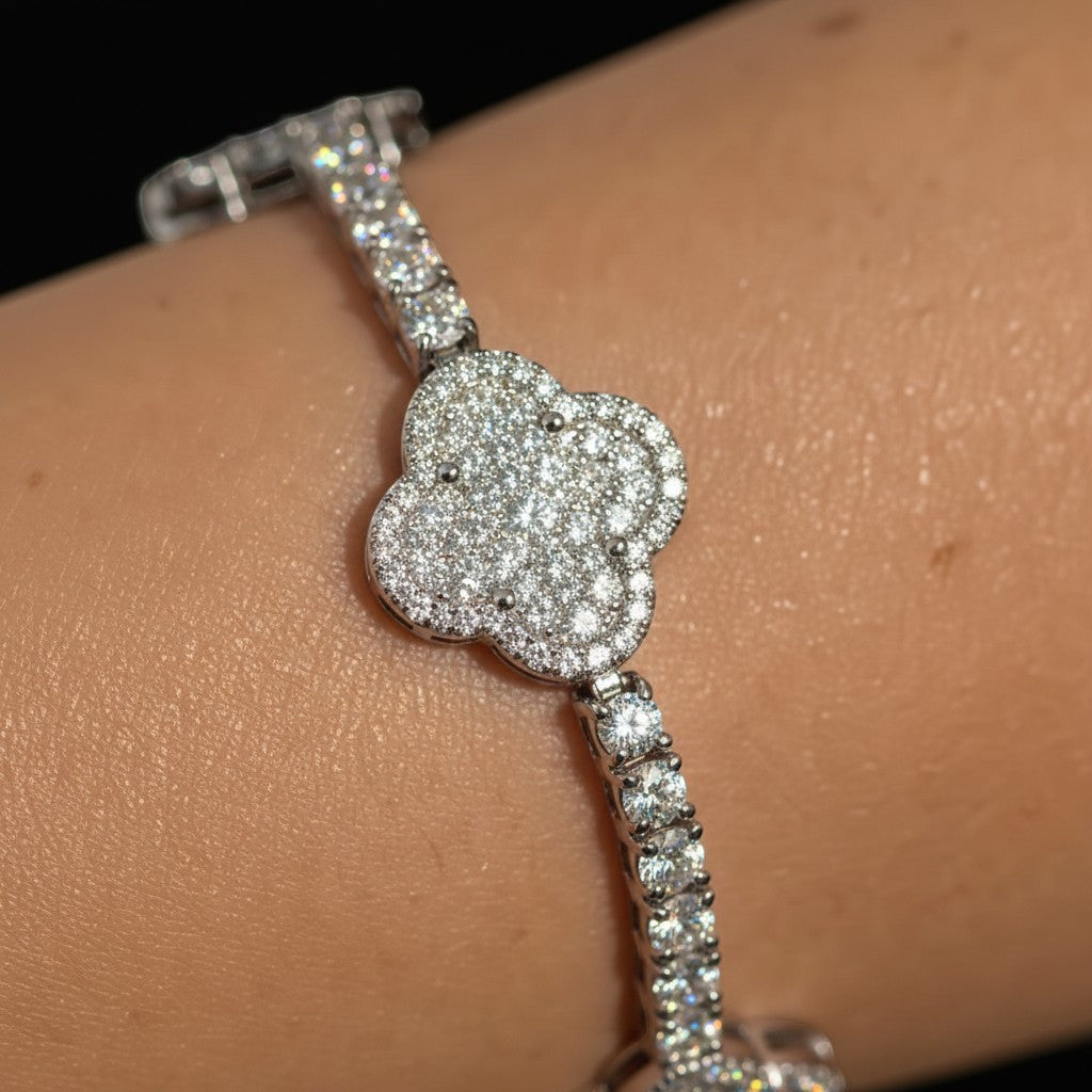 Gabrion Clover Luxe Tennis Bracelet with VVS Moissanite stones, crafted from 18K white gold plated sterling silver.