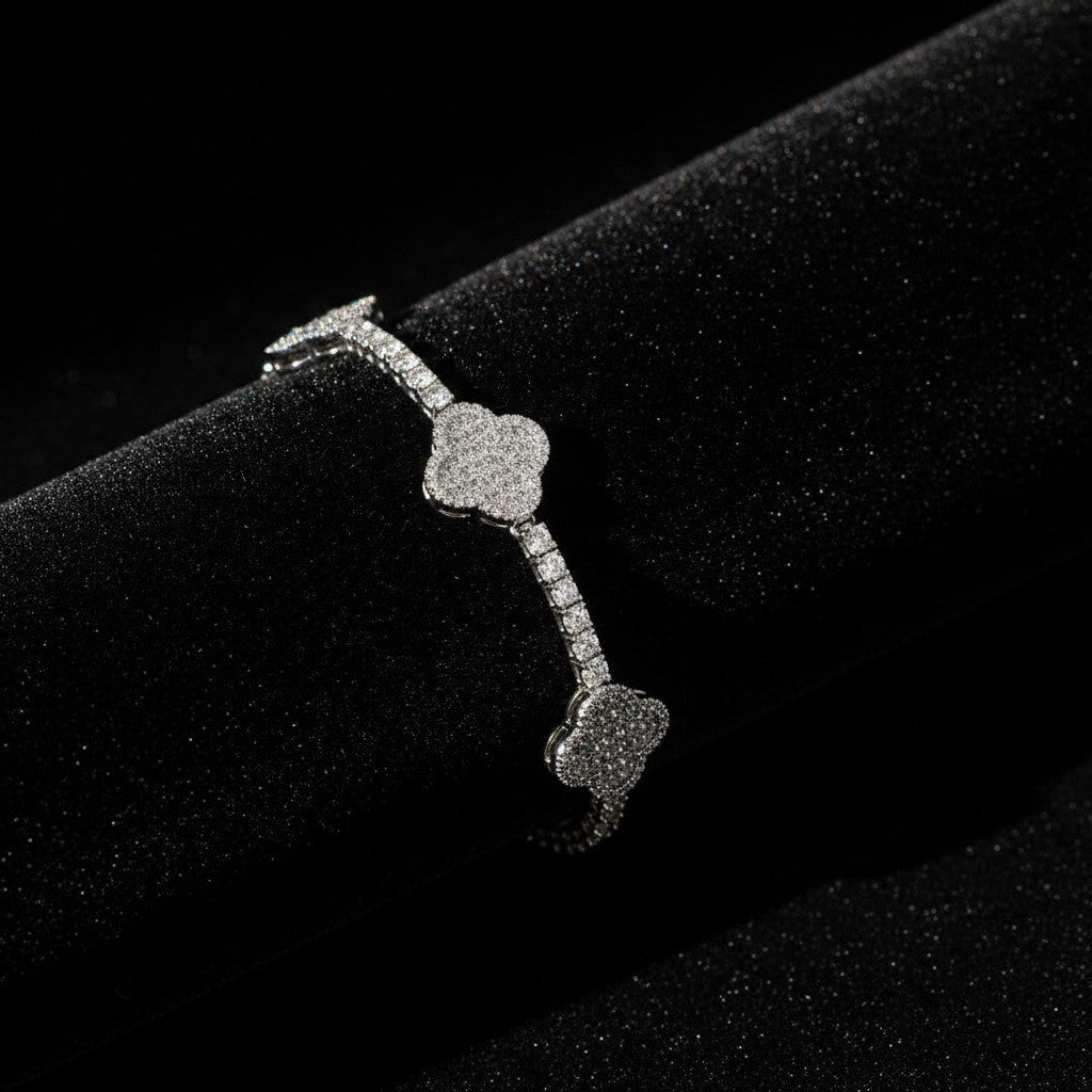 Gabrion Clover Luxe tennis bracelet with VVS Moissanite stones, 3mm, set in 925 sterling silver with 18K white gold plating.