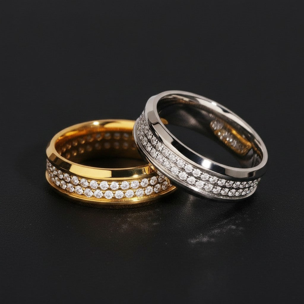 Gabrion men's double-banded moissanite ring in gold and silver, featuring two rows of sparkling stones.