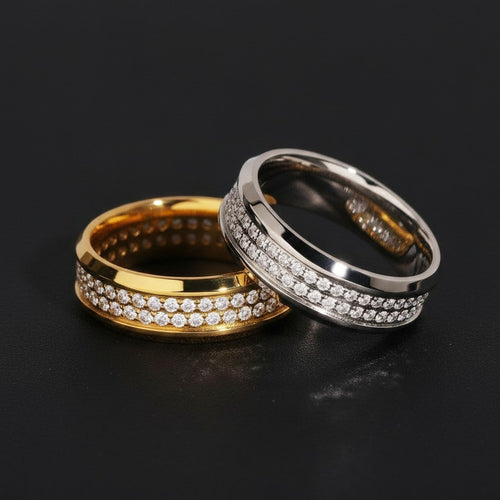 Gabrion men's double-banded moissanite ring in gold and silver, featuring two rows of sparkling stones.