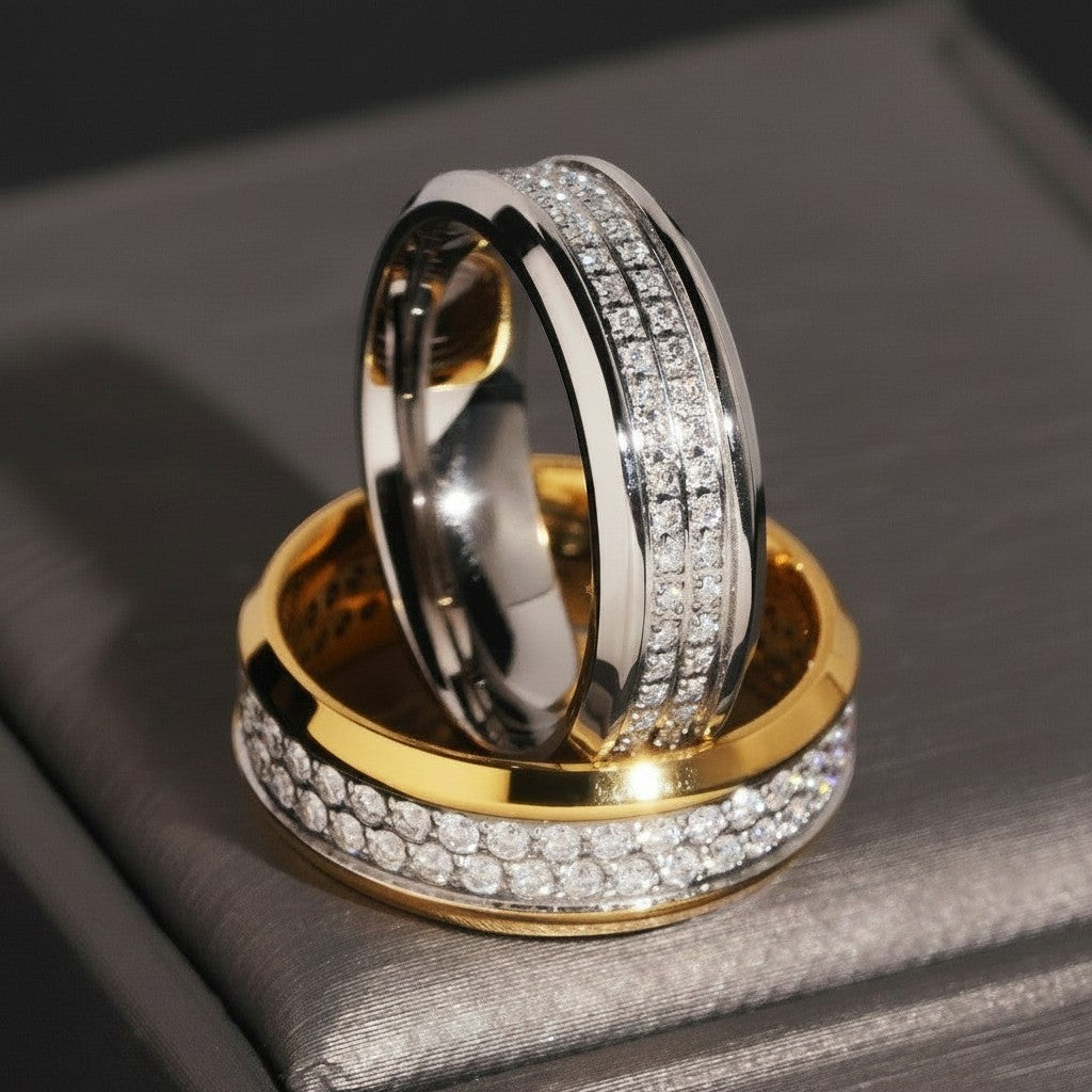 Gabrion men's double-banded moissanite ring with pave-set stones, featuring a gold inner band and a silver outer band.