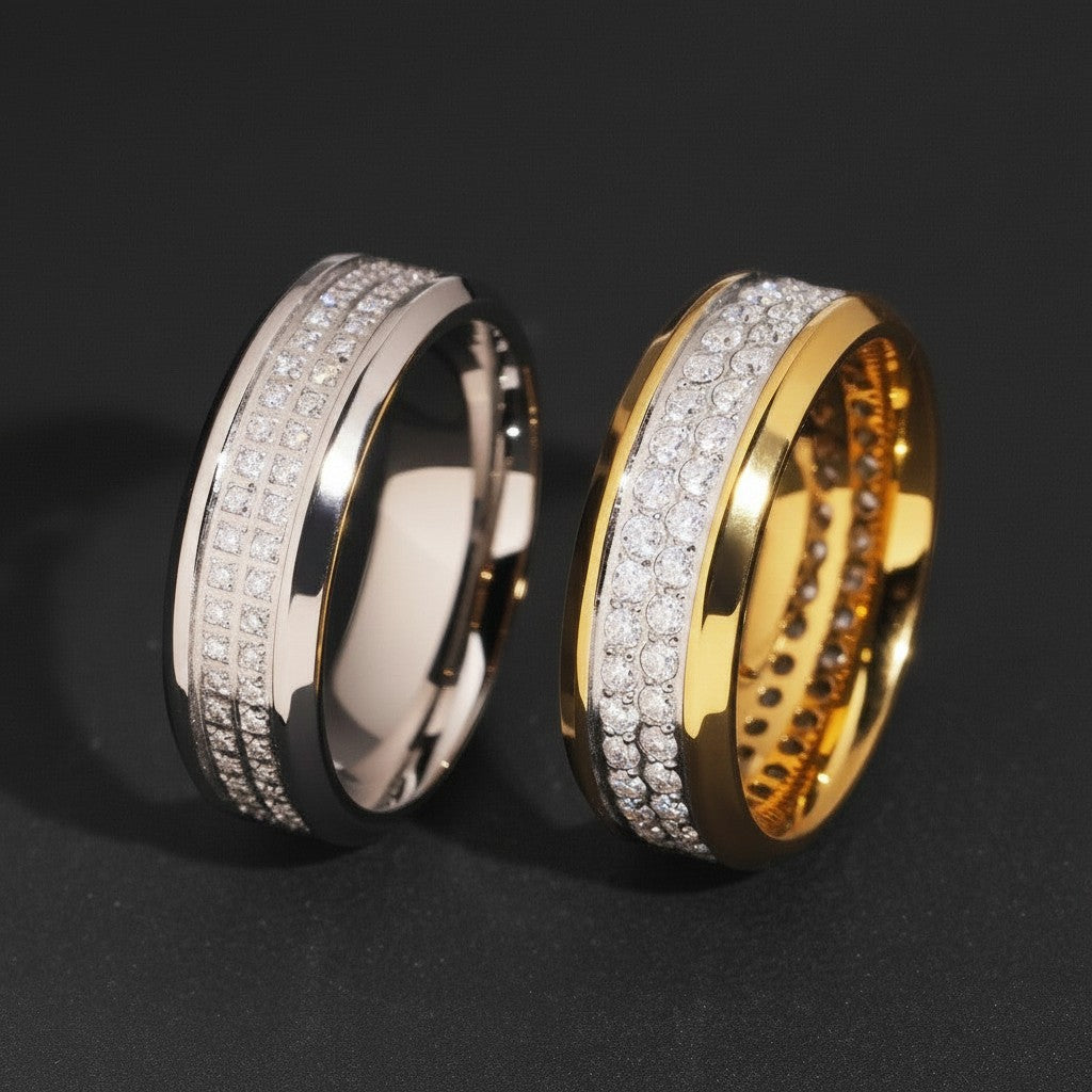 Gabrion men's double row moissanite ring in silver and gold finishes. Features a band with two rows of sparkling moissanite stones.